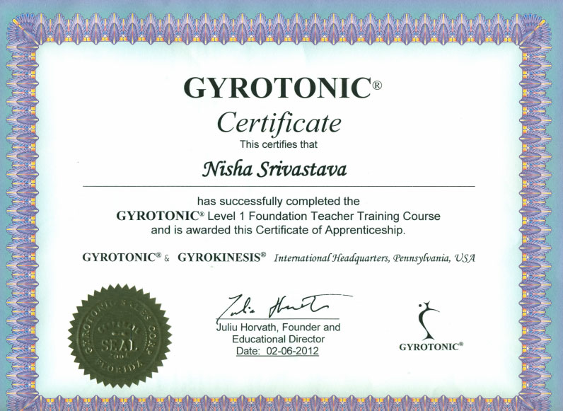 Example of a Gyrotonic Level 1 Teaching Certificate granting student to be an apprentice